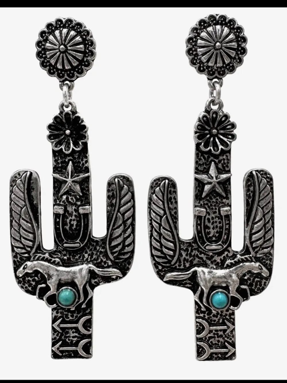 Turquoise Accent Silver-tone Cactus Dangle Earrings